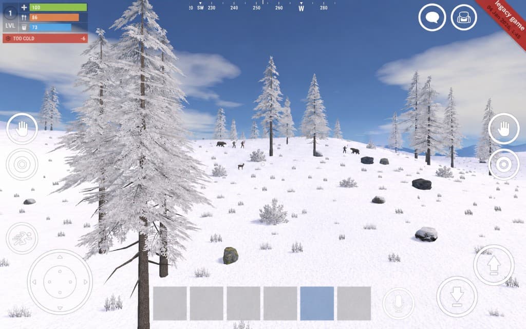 A player exploring a snowy open world in Legacy Survival